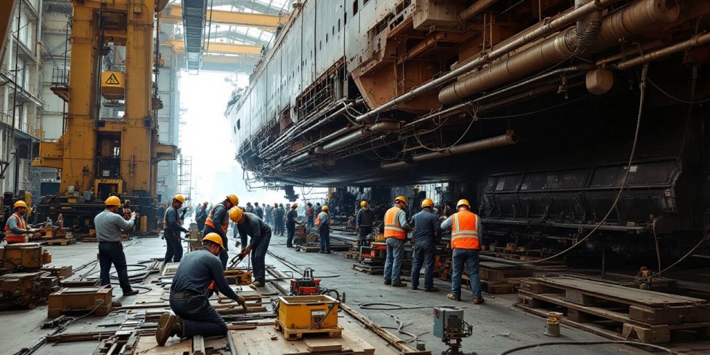 Shipbuilding workers in action with tools and machinery.