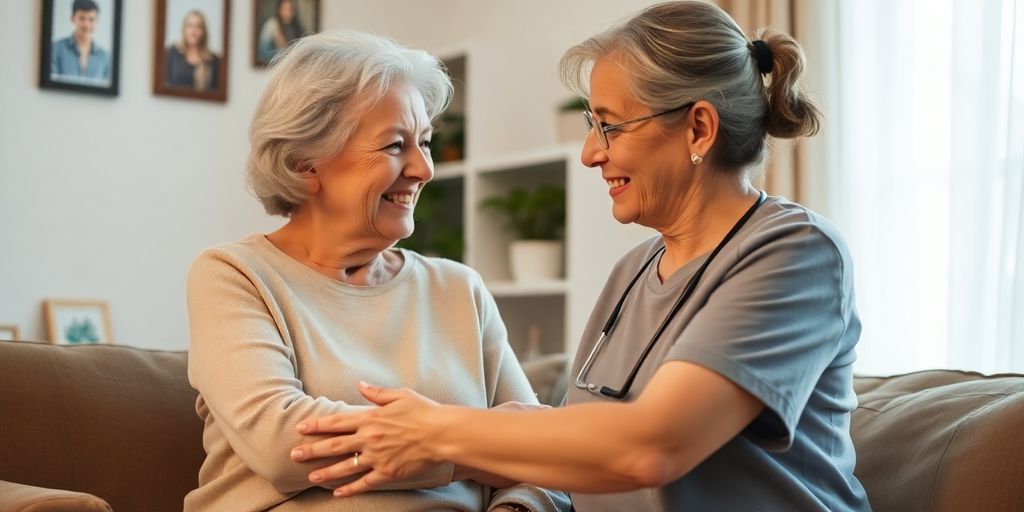 Caregiver and elderly person in a warm home setting.